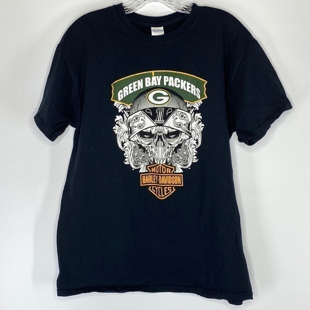 Gildan Green Bay Packers Harley Davidson Motorcycles Black Tshirt Size Large
